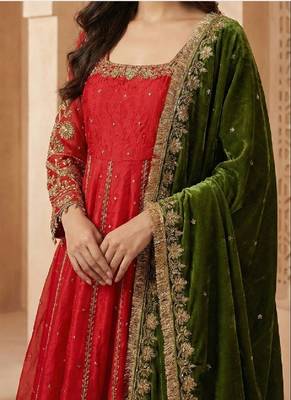 Orange fandy satin   party wear embroidery salwar  suit set 3