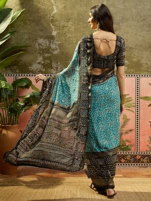 Rama georgette bandhni saree with unstitched blouse piece 3