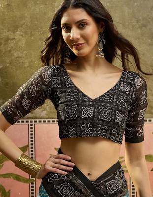 Rama georgette bandhni saree with unstitched blouse piece 4