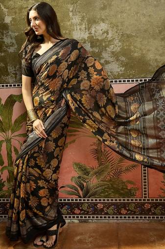 Black georgette bandhni saree with unstitched blouse piece