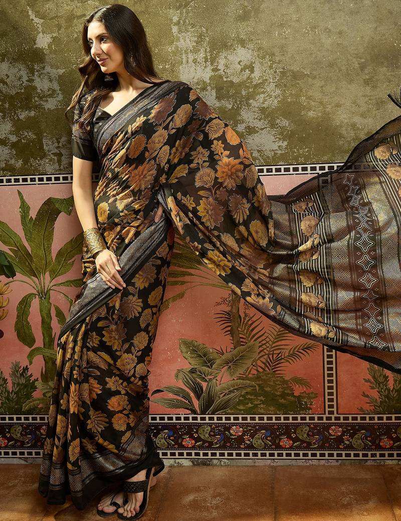 Black georgette bandhni saree with unstitched blouse piece