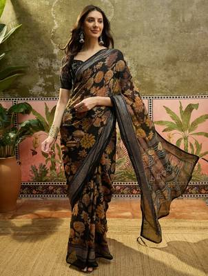 Black georgette bandhni saree with unstitched blouse piece 2