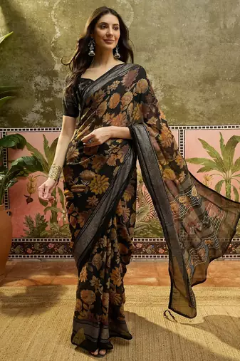 Black georgette bandhni saree with unstitched blouse piece