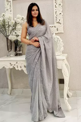 Grey all-over sequins striped georgette party wear saree with blouse piece
