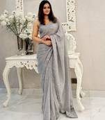 Grey all-over sequins striped georgette party wear saree with blouse piece