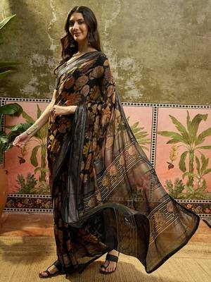 Black georgette bandhni saree with unstitched blouse piece 3