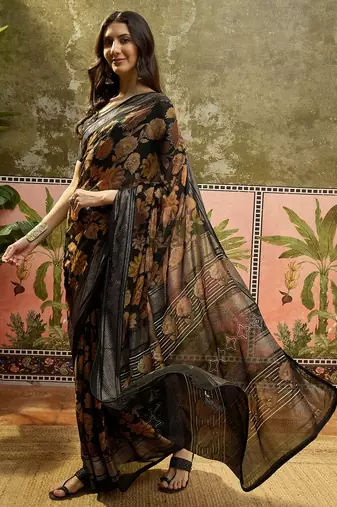Black georgette bandhni saree with unstitched blouse piece