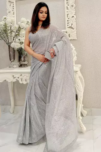 Grey all-over sequins striped georgette party wear saree with blouse piece
