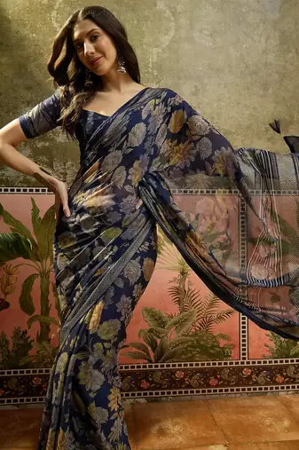 Navy blue georgette bandhni saree with unstitched blouse piece