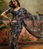 Navy blue georgette bandhni saree with unstitched blouse piece