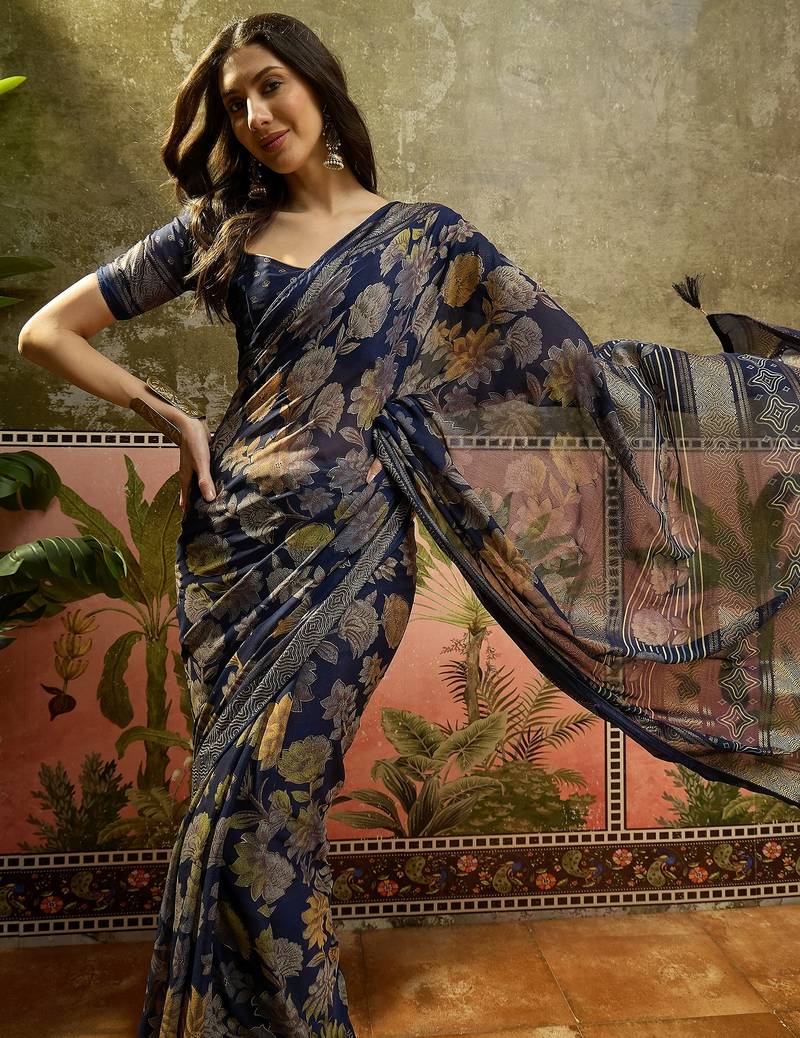 Navy blue georgette bandhni saree with unstitched blouse piece