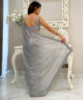 Grey all-over sequins striped georgette party wear saree with blouse piece 4