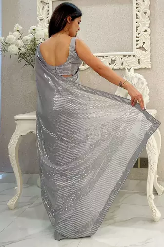 Grey all-over sequins striped georgette party wear saree with blouse piece