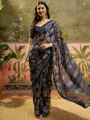 Navy blue georgette bandhni saree with unstitched blouse piece 2