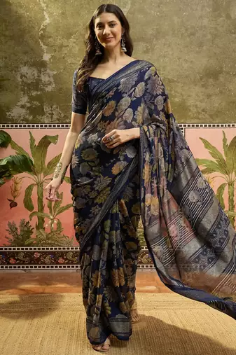 Navy blue georgette bandhni saree with unstitched blouse piece