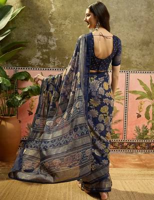 Navy blue georgette bandhni saree with unstitched blouse piece 3