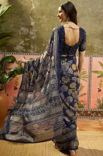 Navy blue georgette bandhni saree with unstitched blouse piece
