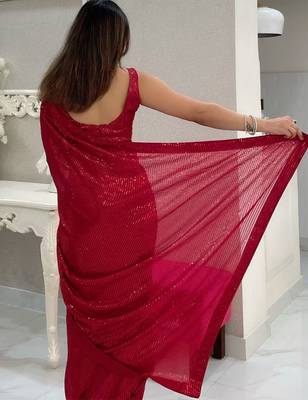 Maroon all-over sequins striped georgette party wear saree with blouse piece 2
