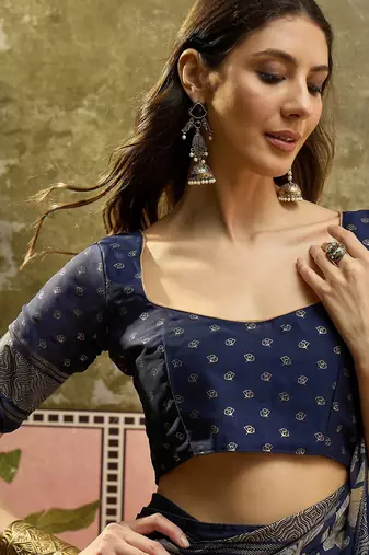 Navy blue georgette bandhni saree with unstitched blouse piece