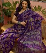 Purple georgette bandhni saree with unstitched blouse piece