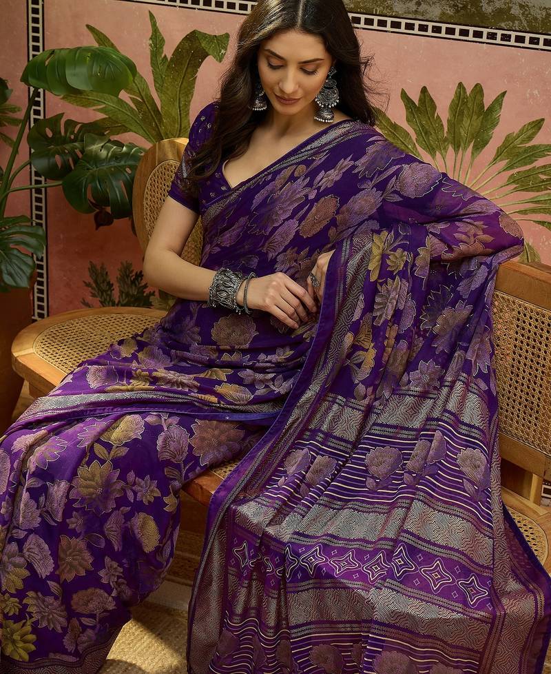 Purple georgette bandhni saree with unstitched blouse piece