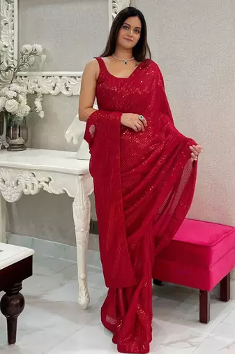 Maroon all-over sequins striped georgette party wear saree with blouse piece