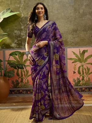Purple georgette bandhni saree with unstitched blouse piece 2