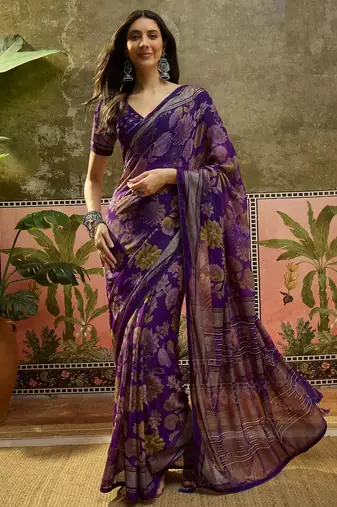 Purple georgette bandhni saree with unstitched blouse piece