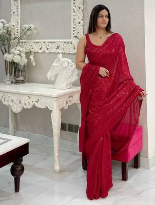 Maroon all-over sequins striped georgette party wear saree with blouse piece 4