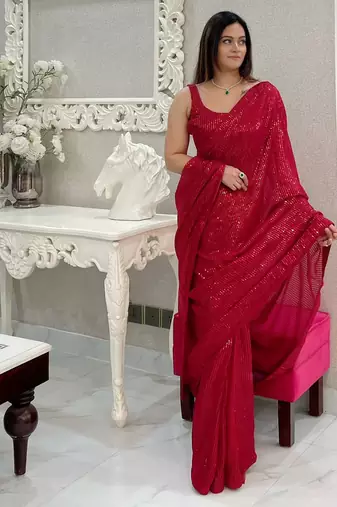 Maroon all-over sequins striped georgette party wear saree with blouse piece