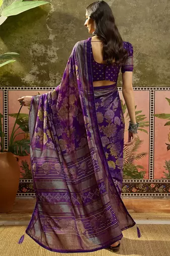 Purple georgette bandhni saree with unstitched blouse piece