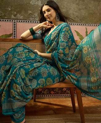 Rama georgette bandhni saree with unstitched blouse piece 1