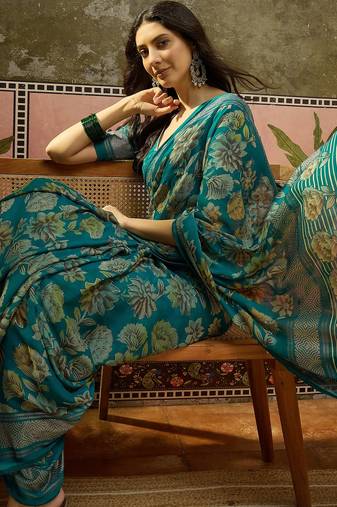 Rama georgette bandhni saree with unstitched blouse piece