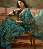 Rama georgette bandhni saree with unstitched blouse piece