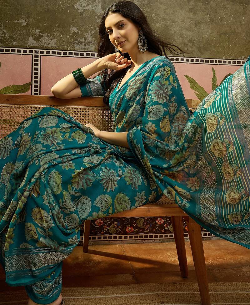 Rama georgette bandhni saree with unstitched blouse piece