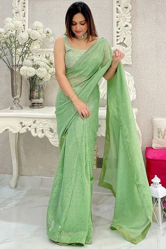 Pista all-over sequins striped georgette party wear saree with blouse piece