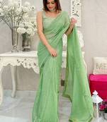 Pista all-over sequins striped georgette party wear saree with blouse piece
