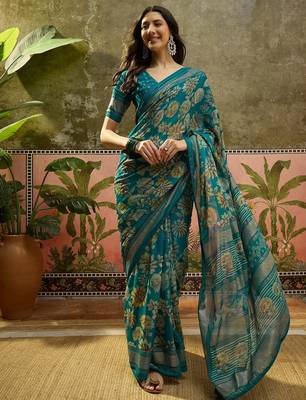 Rama georgette bandhni saree with unstitched blouse piece 2