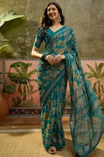 Rama georgette bandhni saree with unstitched blouse piece