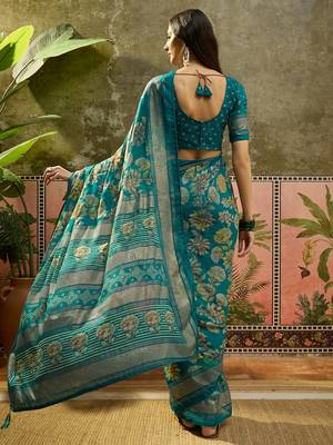 Rama georgette bandhni saree with unstitched blouse piece 3