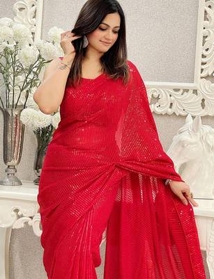 Red all-over sequins striped georgette party wear saree with blouse piece 3
