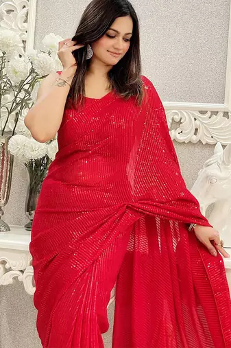Red all-over sequins striped georgette party wear saree with blouse piece