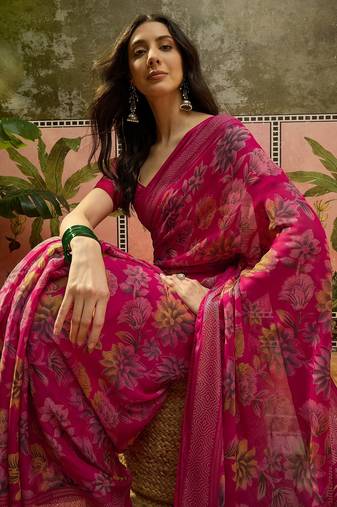 Rani georgette bandhni saree with unstitched blouse piece