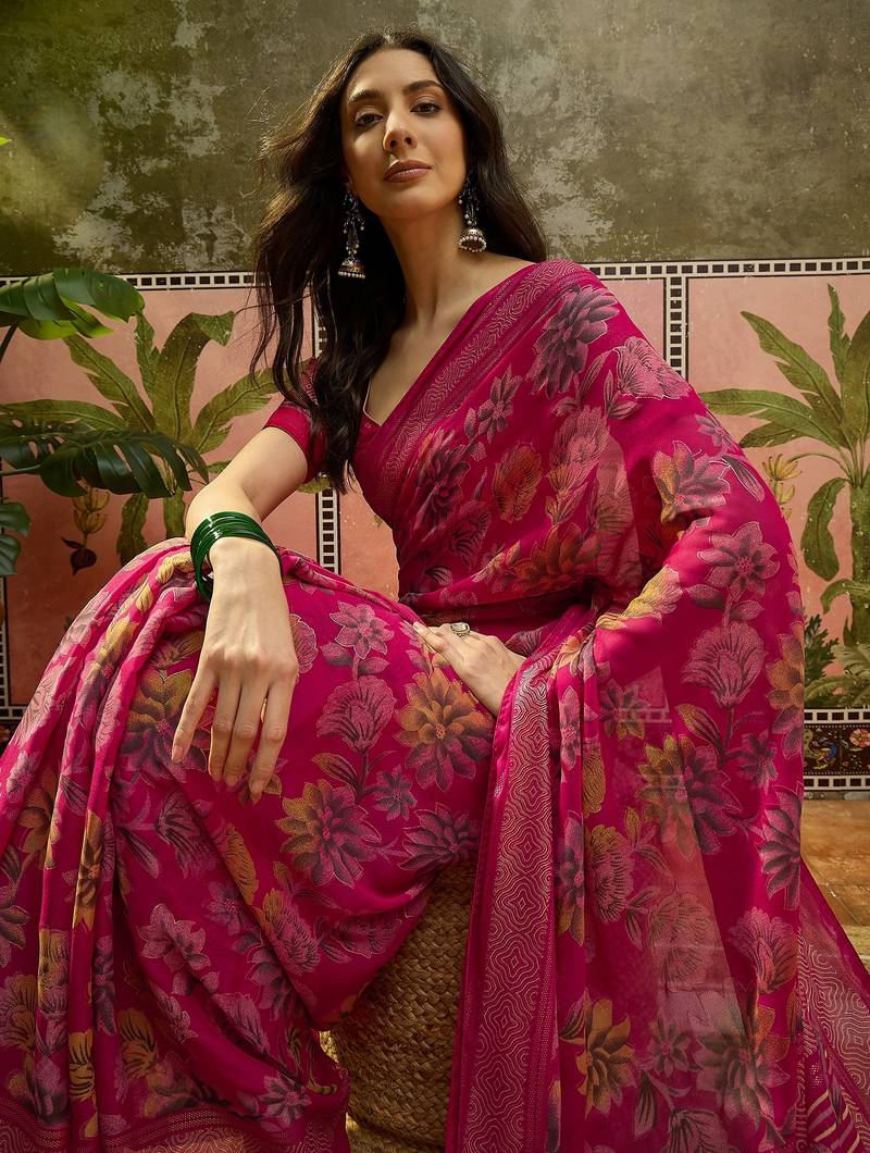 Rani georgette bandhni saree with unstitched blouse piece