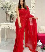 Red all-over sequins striped georgette party wear saree with blouse piece