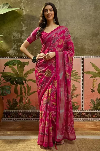 Rani georgette bandhni saree with unstitched blouse piece