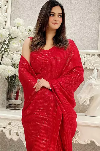 Red all-over sequins striped georgette party wear saree with blouse piece