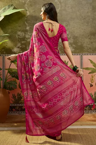 Rani georgette bandhni saree with unstitched blouse piece