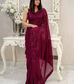 Wine all-over sequins striped georgette party wear saree with blouse piece