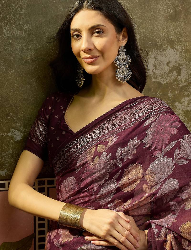 Wine georgette bandhni saree with unstitched blouse piece